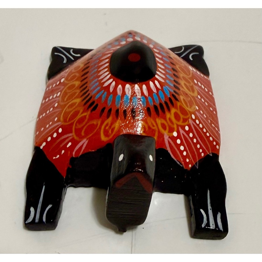 Hand Painted Wood‎ Turtle Figurine Red Orange Mandala Folk Art Animal Carving
